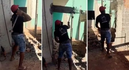 ex-funcionário de construtora quebrando parte de obra com marreta após ser demitido: ‘Pagamento nunca saiu’